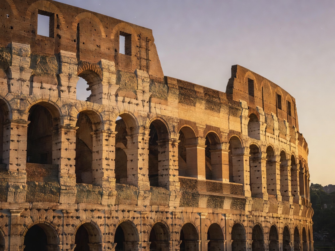 Golden-hour light on the weathered stone arches of the Roman Colosseum