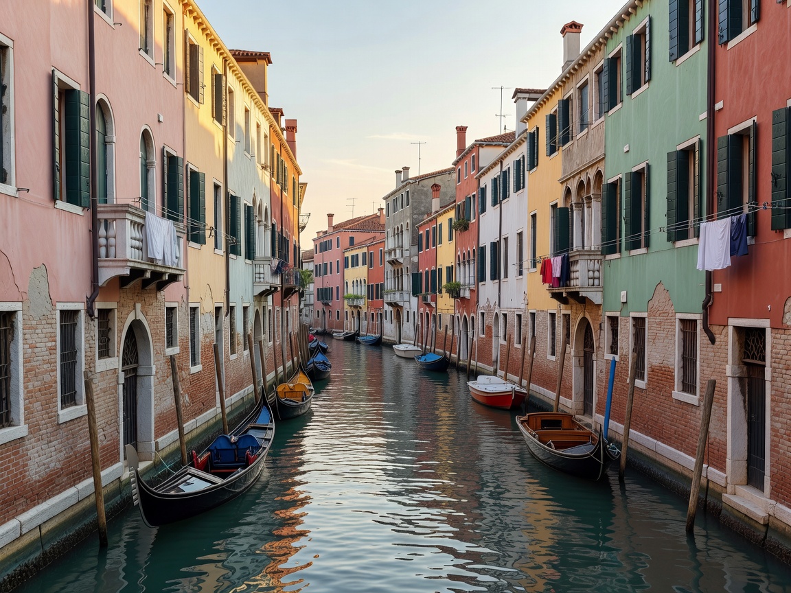 Narrow canal in Venice lined with faded pastel buildings
